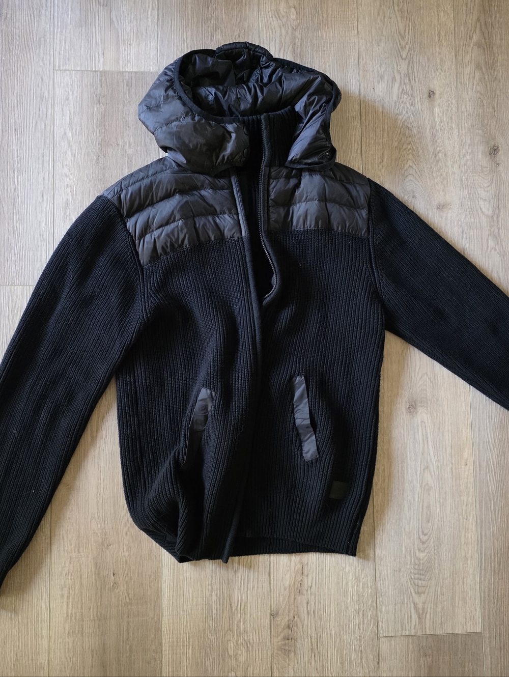 Buffalo David Bitton Black Hooded Quilted-Shoulder Zip Sweater